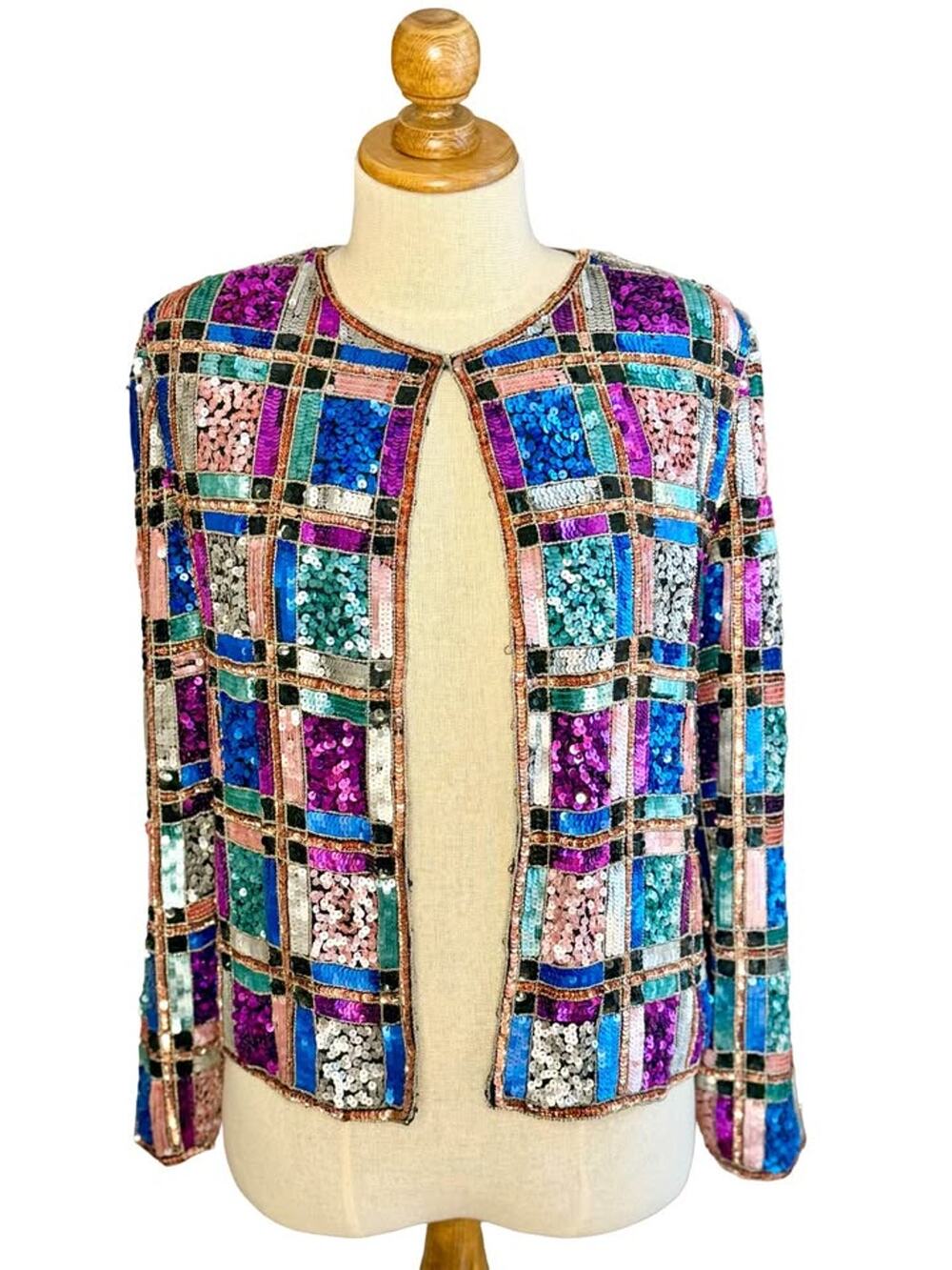 Vintage 1980’s Leslie Fay 100% Silk Rainbow Geometric Retro Sequin Blazer